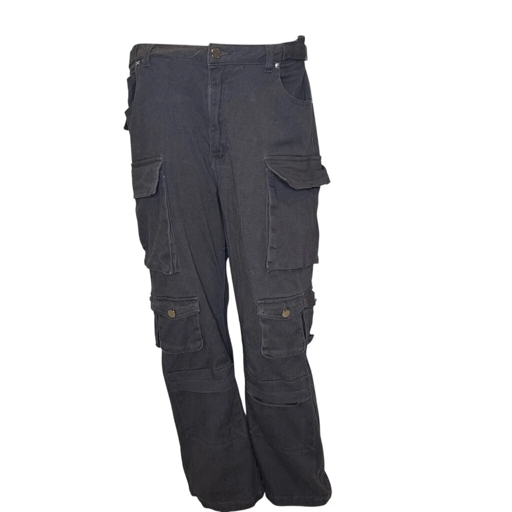 Y2K 90s Quiet Luxury Cargo Pants Black Multi Pocket Utility Wide Leg LARGE - Picture 8 of 9